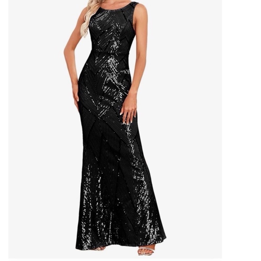 Elegant Black Sequin Maxi Formal Gown Sleeveless Wedding Guest Dress $105 Retail